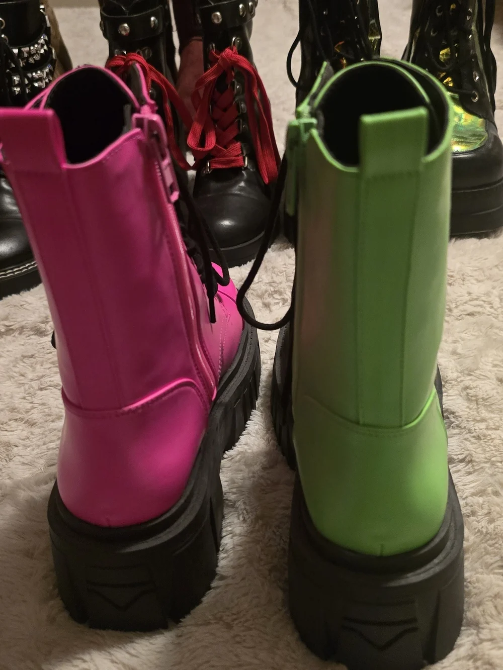 Neon Green & Hot Pink Platform Combat Boots - Women's Lace-Up - Picture 4 of 9